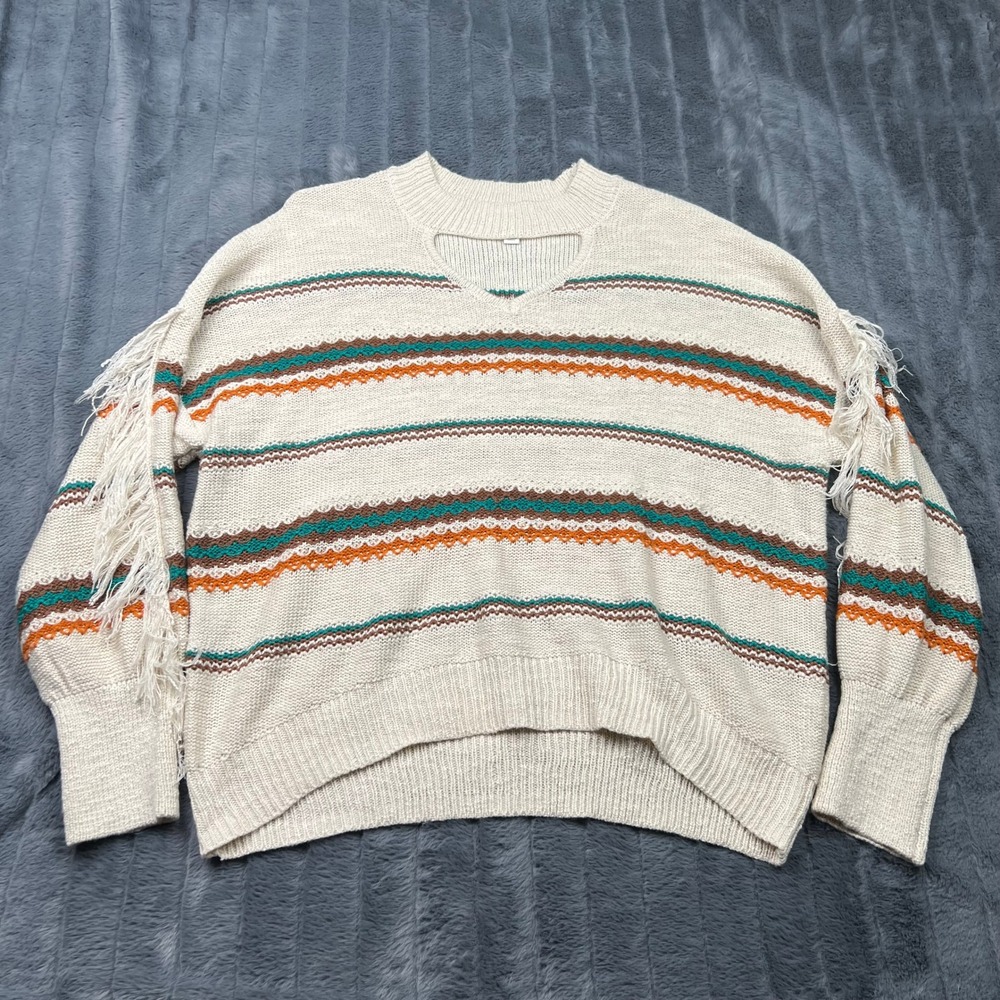 Cato Womens Plus 22/24W Striped Fringe Sleeve Cutout V-Neck Sweater Cream Boho